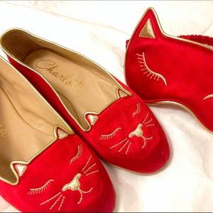Charlotte Olympia Cat Nap silk slippers & eye mask